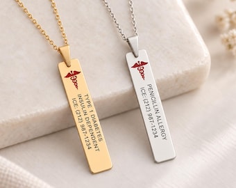 Personalized Medical Alert 925 Silver Necklace, Emergency ID Pendant,  Diabetes Allergy ICE Jewelry