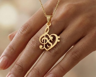 925 Silver Music Note Heart Necklace, Personalized Initial Letter Pendant, Treble Clef Jewelry
