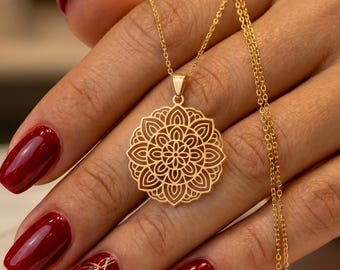 925 Sterling Silver Mandala Necklace, Floral Mandala Pendant, Spiritual Jewelry
