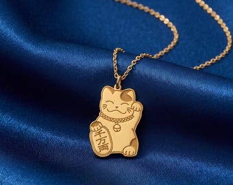 925 Sterling Silver Maneki Neko Necklace, Lucky Cat Pendant, Dainty Japanese Cat Jewelry