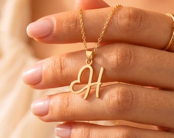 Heart Initial Necklace, Script Letter Pendant, 925 Sterling Silver Monogram Jewelry