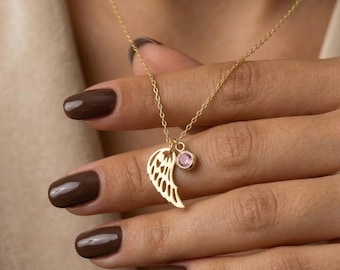 Angel Wing Necklace with Birthstone, Guardian 925 Silver Pendant, Memorial Jewelry
