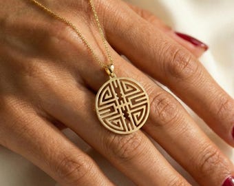 Shou Longevity Necklace – Chinese Long Life Symbol – 925 Sterling Silver Pendant – Asian Blessing Jewelry