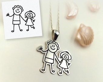 Custom 925 Sterling Silver Kid Drawing Necklace - Memorial Keepsake