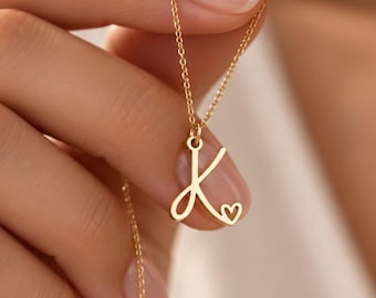 Heart Initial Necklace, Script Letter Pendant, 925 Sterling Silver Monogram Jewelry