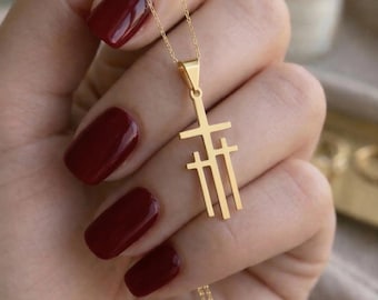 Three Cross Sterling Silver Necklace, Minimalist Calvary Pendant, Christian Faith Jewelry