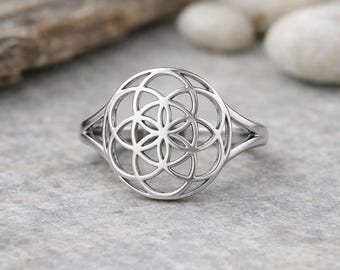 Flower of Life Ring 925 Sterling Silver, Sacred Geometry Jewelry, Minimalist Mandala Ring