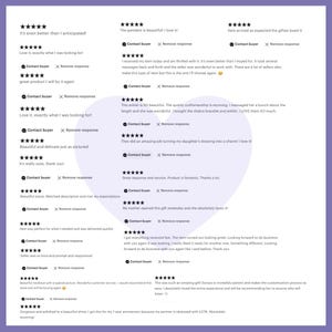 K&ouml;nnte beinhalten: Eine lila-wei&szlig;e Grafik mit Kundenbewertungen. Jede Bewertung enth&auml;lt eine F&uuml;nf-Sterne-Bewertung und einen Kommentar zum Produkt und Service, dargestellt in Listenform.