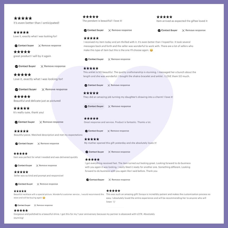 K&ouml;nnte beinhalten: Eine lila-wei&szlig;e Grafik mit Kundenbewertungen. Jede Bewertung enth&auml;lt eine F&uuml;nf-Sterne-Bewertung und einen Kommentar zum Produkt und Service, dargestellt in Listenform.