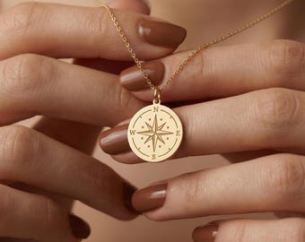 Compass Pendant, 925 Sterling Silver Round Charm Necklace, Minimal Wanderlust Keepsake