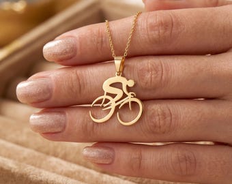 925 Sterling Silver Cyclist Necklace, Bicycle Pendant, Bike Lover Necklace, Cycling Jewelry