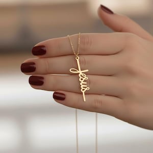 Jesus Script Cross 925 Silver Necklace, Faith Jewelry Gift, Christian Necklace