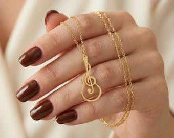 925 Sterling Silver Guitar Necklace, Treble clef Jewelry, Music lover pendant