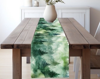 Misty Forest Table Runner - Watercolor Pine Trees, Woodland, Enchanted Forest, Foggy Forest