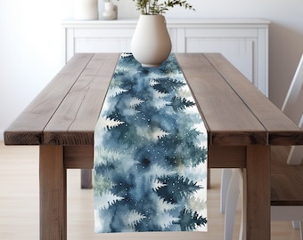 Winter Forest Table Runner - Watercolor Pine Trees, Snow, Woodland, Enchanted Forest