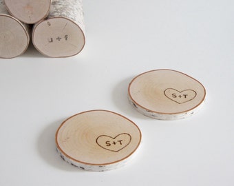 personalized natural white birch wood coasters - set of 2, valentine's day gift, heart & initials, coasters for two, gift for couple