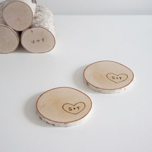 personalized natural white birch wood coasters - set of 2, valentine's day gift, heart & initials, coasters for two, gift for couple