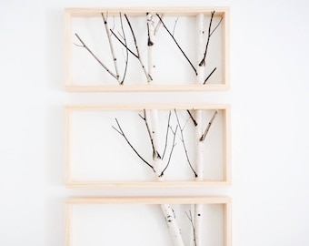 white birch forest wall art (vertical), birch branch decor, birch log, wall hanging, modern rustic wall art, framed birch art