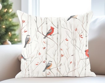 White Birch Cardinal Christmas Throw Pillow - Forest Pillow, Tree Pillow, Cardinal, Birds, White Pillow