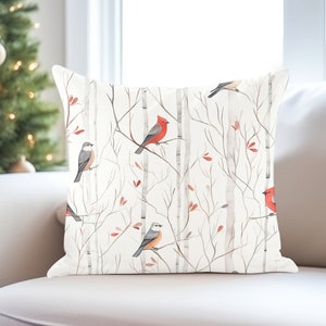 White Birch Cardinal Christmas Throw Pillow - Forest Pillow, Tree Pillow, Cardinal, Birds, White Pillow