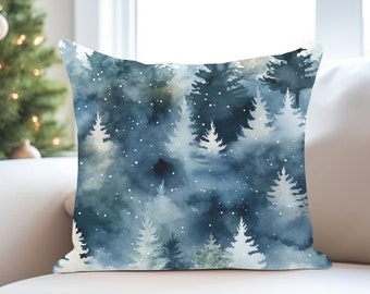 Winter Forest Throw Pillow - Forest Pillow, Tree Pillow, Watercolor Pine Trees, Snow, Woodland, Enchanted Forest