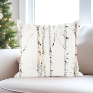 White Birch Forest Pillow - Watercolor Birch Pillow, Winter Birch couch pillows, Rustic Woodland Pillow, Rustic Modern Decor