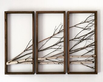 white birch forest wall art (horizontal), birch branch decor, birch log, wall hanging, modern rustic wall art, framed birch art