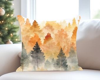 Coussin forêt d'automne - coussin forêt d'automne, coussin d'arbre, paysage d'automne aquarelle, décoration de Thanksgiving, forêt, forêt enchantée