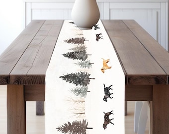 Watercolor Christmas Tree farm and three Labrador dogs Table Runner, Yellow Labrador, Black Labrador, Chocolate  Labrador, Winter Landscape