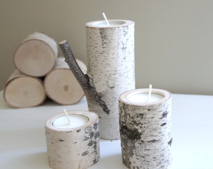 Natural White Birch Wood Candle Holders Set of 3 Etsy