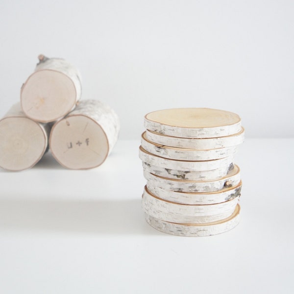 natural white birch wood slices for diy projects - set of 10, rustic wood slices, rustic wedding, wood craft, wood ornament