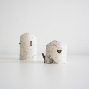 white birch tree houses set of 2, heart, valentine's day gift, small wooden house, winter home decor, modern rustic, fairy house image 2