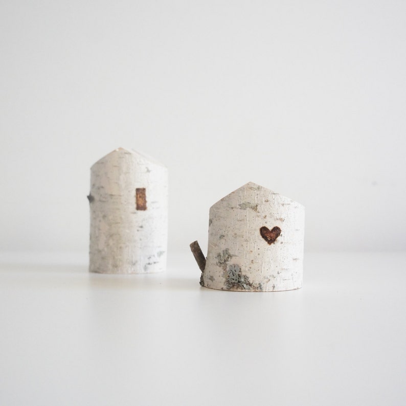 white birch tree houses set of 2, heart, valentine's day gift, small wooden house, winter home decor, modern rustic, fairy house image 2