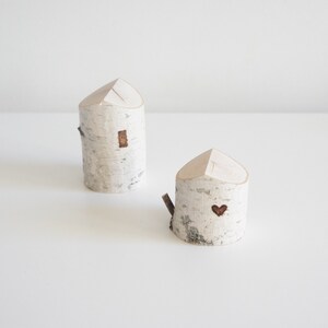 white birch tree houses set of 2, heart, valentine's day gift, small wooden house, winter home decor, modern rustic, fairy house image 3