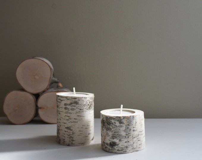 Natural White Birch Wood Candle Holders Set of 2 Etsy