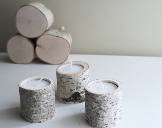 Natural White Birch Wood Candle Holders Set of 3 Etsy