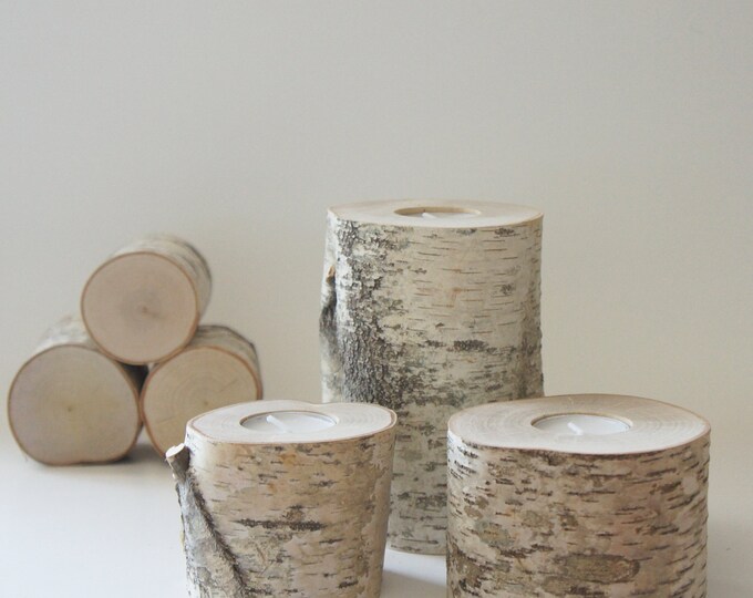 Sale Natural White Birch Wood Candle Holders Set of 3, No.20, Log