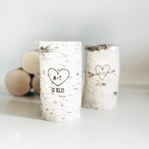 white birch wood candle holder carved heart & initials, personalized candle, anniversary gift, 5 years anniversary gift, rustic candle image 1