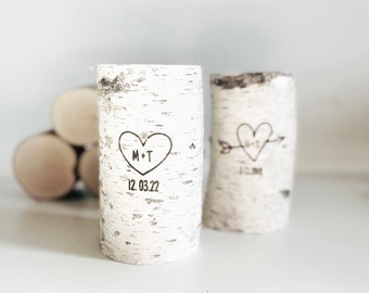 Bougeoir en bois de bouleau blanc - coeur et initiales sculptées, bougie personnalisée, cadeau d'anniversaire, cadeau d'anniversaire de 5 ans, bougie rustique