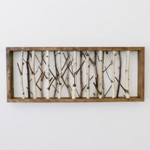 arte della parete della foresta di betulla bianca 30 x 12, arredamento del ramo di betulla, tronco di betulla, decorazione da parete, arredamento da parete rustico moderno, arte della betulla incorniciata immagine 1