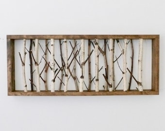 white birch forest wall art - 30 x 12, birch branch decor, birch log, wall hanging, modern rustic wall decor, framed birch art