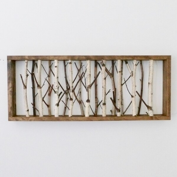 white birch forest wall art - 30 x 12, birch branch decor, birch log, wall hanging, modern rustic wall decor, framed birch art