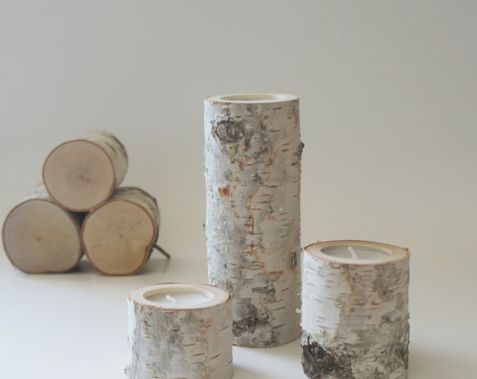 Natural White Birch Wood Candle Holders Set of 3, Log Candle Holders
