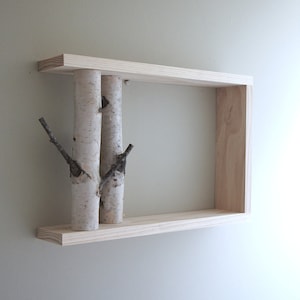 White Birch Forest Wall Art/Shelf 18x12, birch shelf, wooden shelf, framed birch art, floating shelves, display shelves, shadow box image 1