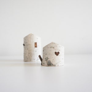 white birch tree houses - set of 2, heart, valentine's day gift, small wooden house, winter home decor, modern rustic, fairy house