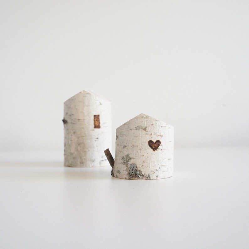 white birch tree houses set of 2, heart, valentine's day gift, small wooden house, winter home decor, modern rustic, fairy house image 1