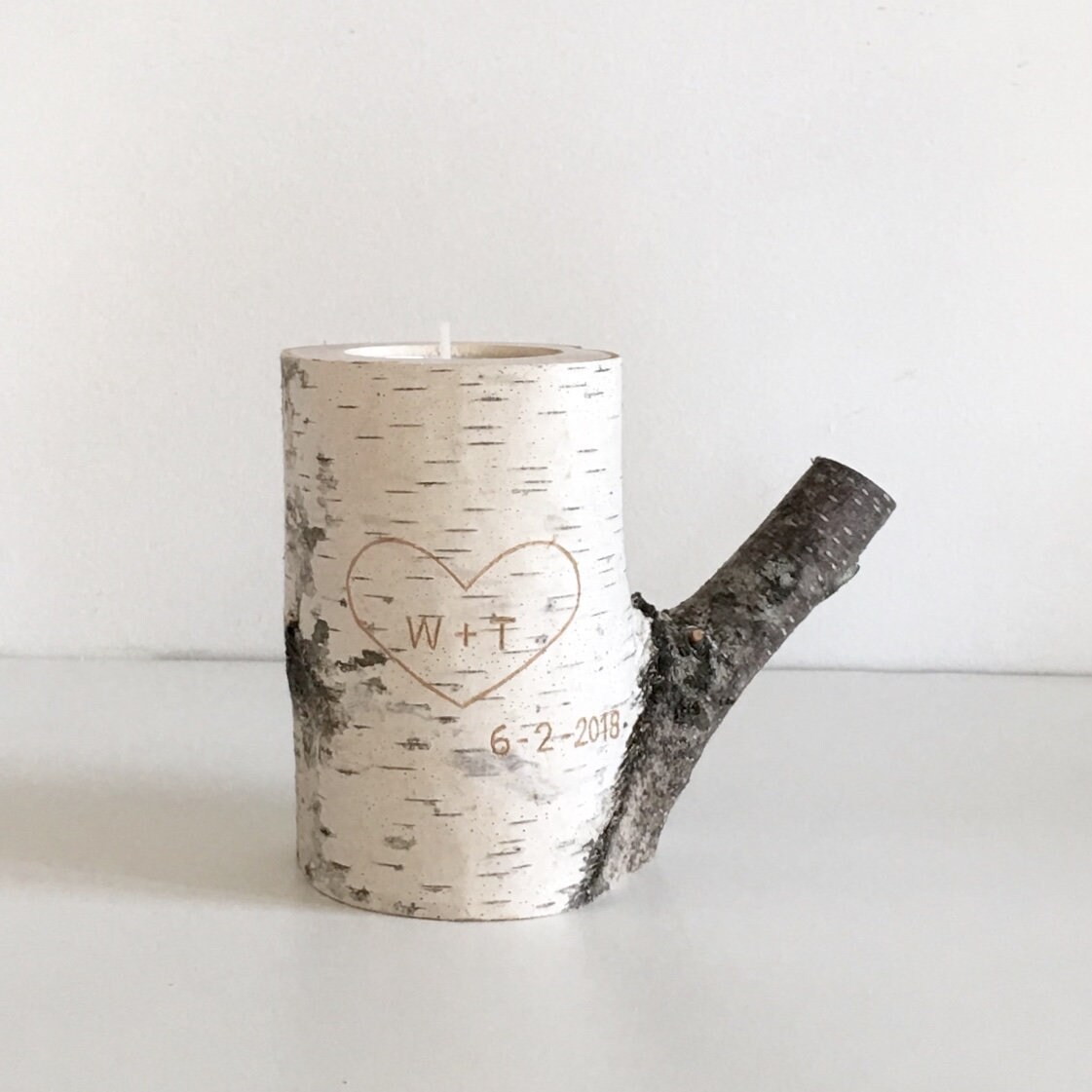 white birch wood candle holder - carved heart & initials, personalize…