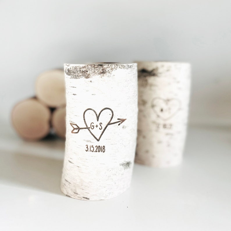 white birch wood candle holder carved heart & initials, personalized candle, anniversary gift, 5 years anniversary gift, rustic candle image 2