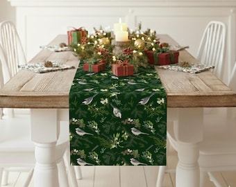 Winter Table Runner with Bird and Spruce Branches Rustic Christmas Decor Holiday Dining Room Centerpiece Nature Inspired Berry Table Decor