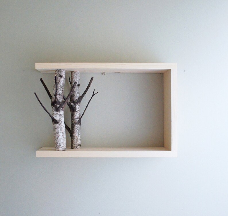 white birch forest wall art/shelf - 18x12, birch branch, framed birch art, floating shelves, display shelf 